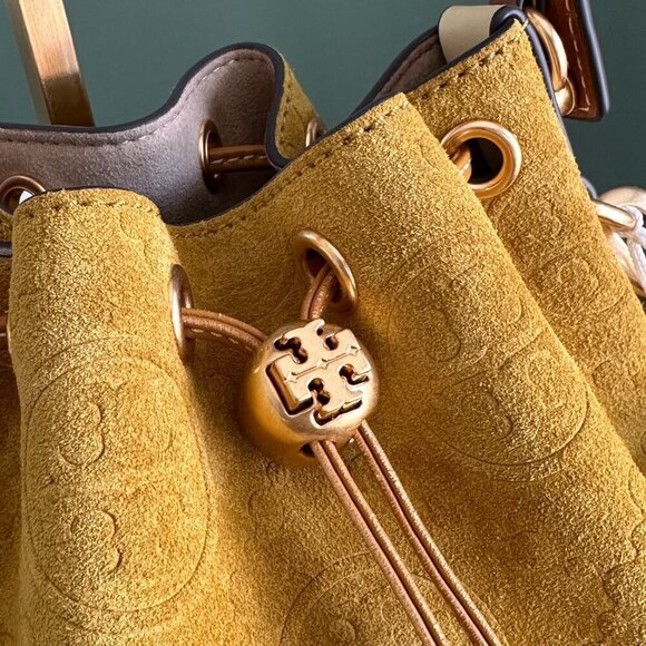 NEW! Tory Burch T-Monogram SUEDE EMBOSSED Bucket -large Claret (Deep Sunflower) - Picture 5 of 15